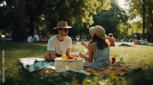 Cheerful couple having a picnic in a beautiful park on a sunny day. Generative AI.