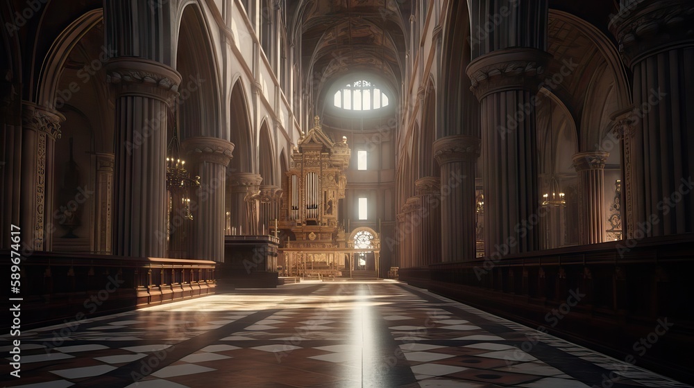 Exquisite interior of a cathedral, featuring vaulted ceilings, towering columns, intricate carvings, and stained-glass windows that flood the space with colorful light, generative ai