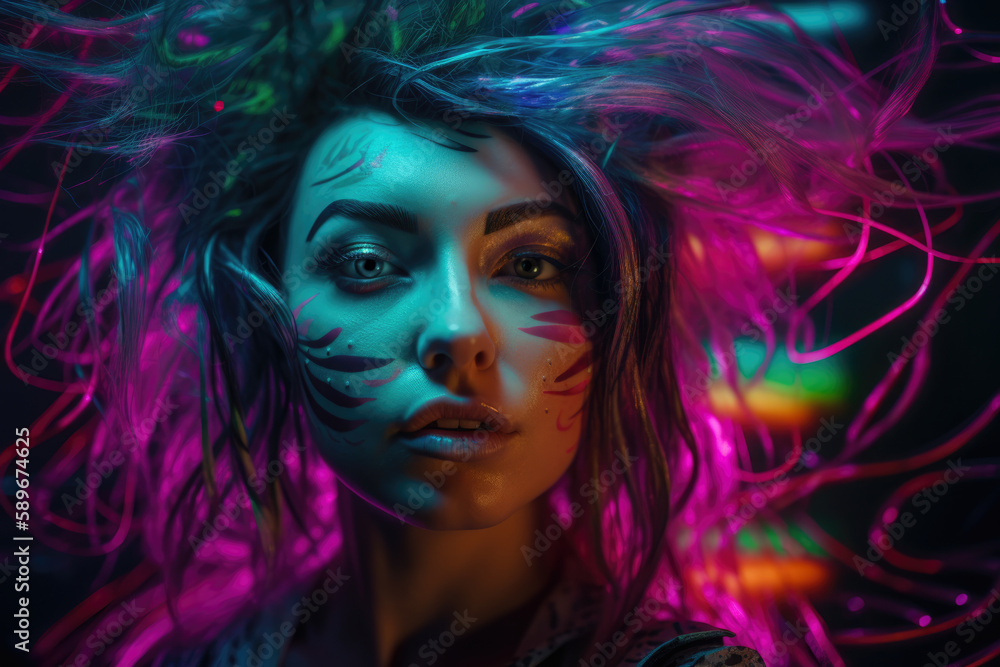 Portrait of a woman with vibrant neon makeup and hair in a fantastical and dreamlike environment, generative ai