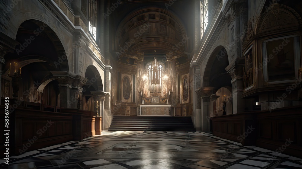 Exquisite interior of a cathedral, featuring vaulted ceilings, towering columns, intricate carvings, and stained-glass windows that flood the space with colorful light, generative ai