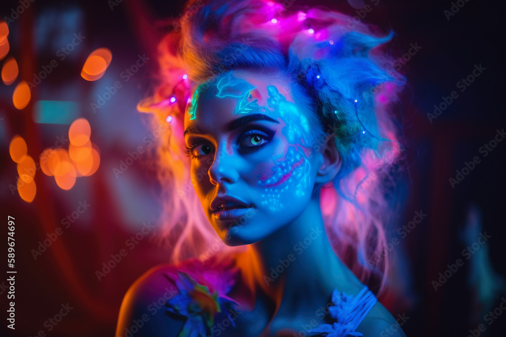 Portrait of a woman with vibrant neon makeup and hair in a fantastical and dreamlike environment, generative ai Portrait of a woman with vibrant neon makeup and hair in a fantastical and dreamlike environment, generative ai