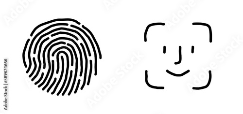 Face id, Touch id Doodle Hand Drawn Cartoon Icons. Pen, pencil or marker ink facial recognition wavy icons. Face, fingerprint security process (Full Vector)