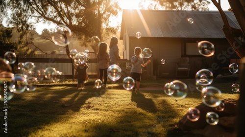 Happy children playing with bubbles in the backyard on a sunny day. Generative AI.