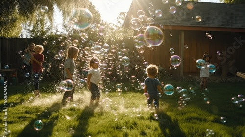 Happy children playing with bubbles in the backyard on a sunny day. Generative AI.