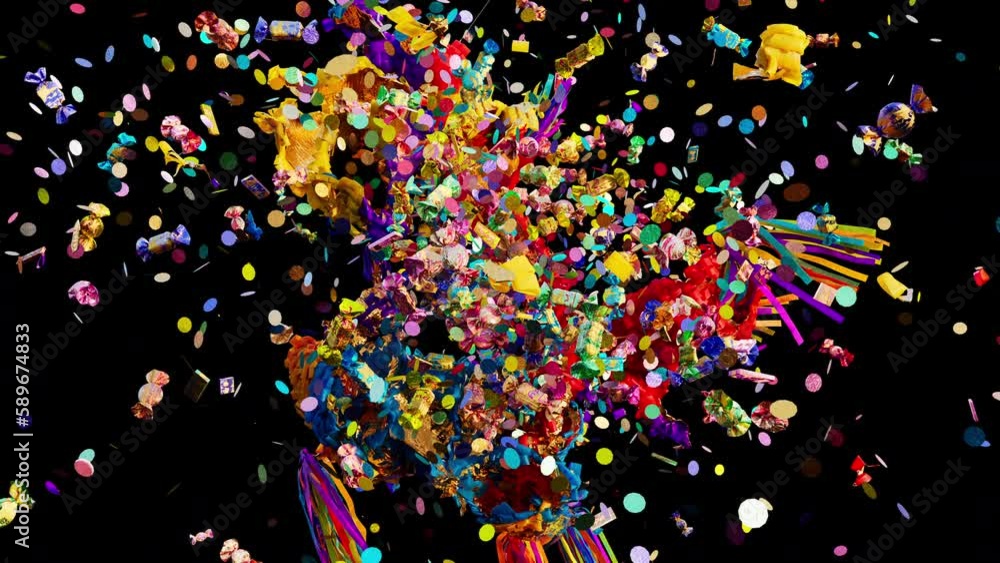 Pinata flies a little and then explodes and candy with glitter fly out of it. 3d animation with alpha matte.