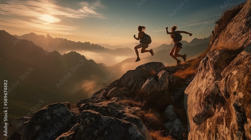 Fototapeta premium Adventure Seekers: Hiking and Enjoying Outdoor Sports and Activities in Scenic Landscapes. Generative AI