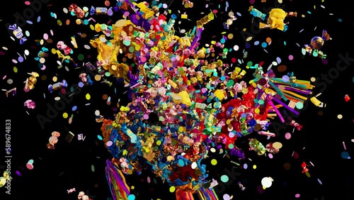 Pinata flies a little and then explodes and candy with glitter fly out of it. 3d animation with alpha matte.