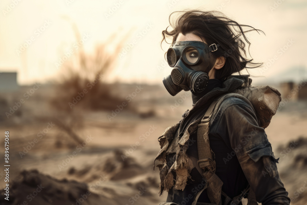 Post-apocalyptic warrior woman with a gas mask and goggles standing in a barren wasteland with ruins in the background'', generative ai Post-apocalyptic warrior woman with a gas mask and goggles standing in a barren wasteland with ruins in the background'', generative ai