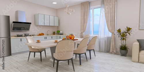 Kitchen dining room 3d render  3d illustration