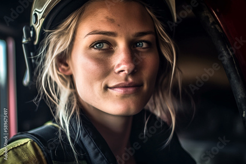 Close up portrait of a blonde firefighter woman inside firetruck made with Generative AI