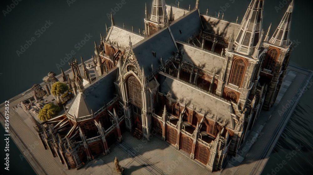 Stunning cathedral with intricate exterior details, including ornate carvings, towering spires, and stained-glass windows, evoking a sense of grandeur and spirituality, generative ai