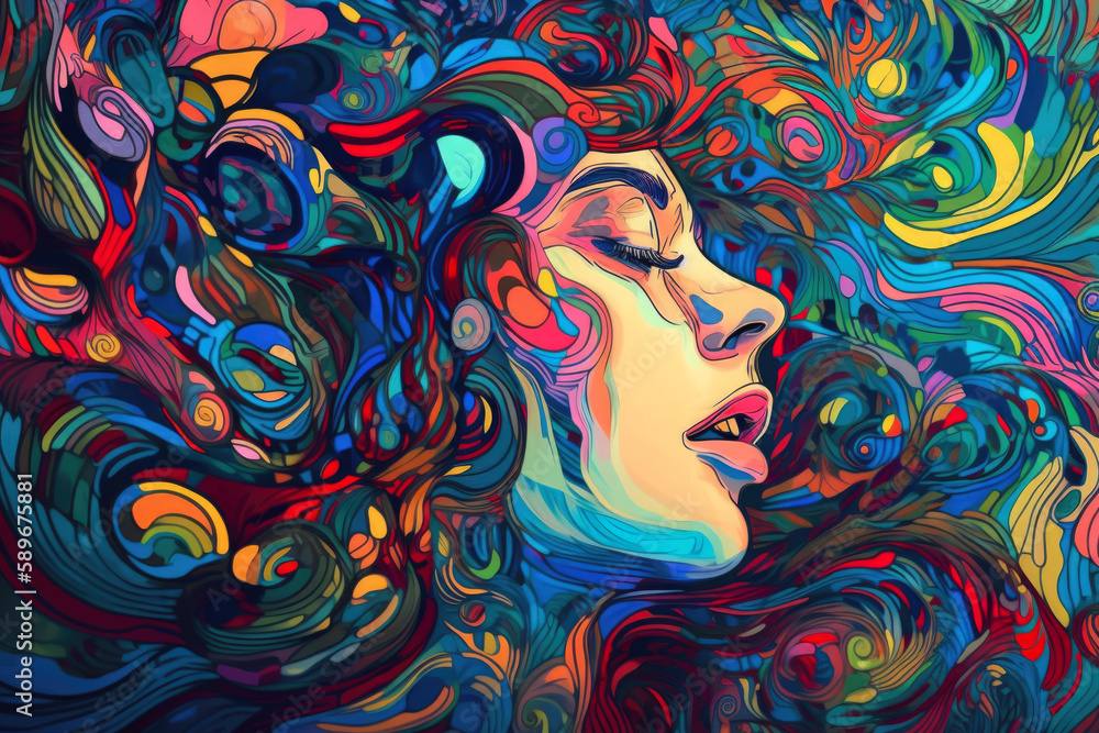 Psychedelic portrait of a woman in kinetic art style, featuring swirling shapes and trippy colors, generative ai