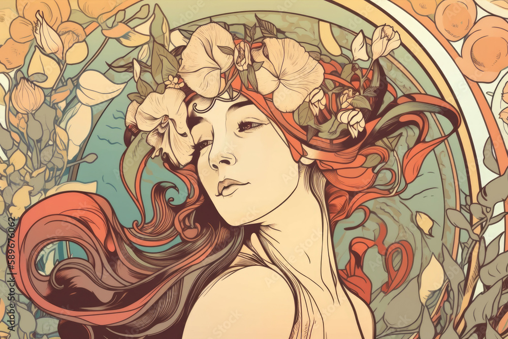 Radiant Woman with Flower Crown and Soft Lines in Art Nouveau Style, generative ai