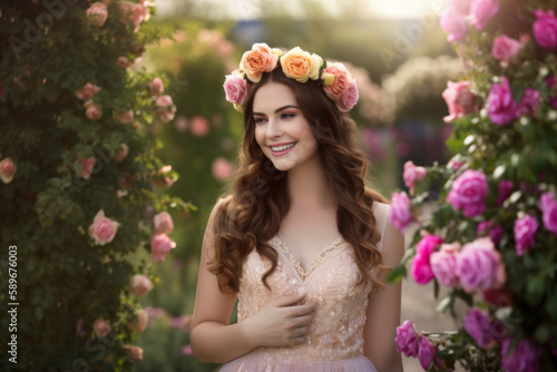 Radiant Garden Princess with a crown of roses, joyful expression, and flowing gown in a blooming garden setting, generative ai