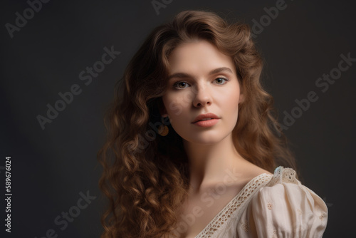 Radiant Woman with Wavy Hair and Regal Demeanor in Neo-Classical Style Portrait, generative ai