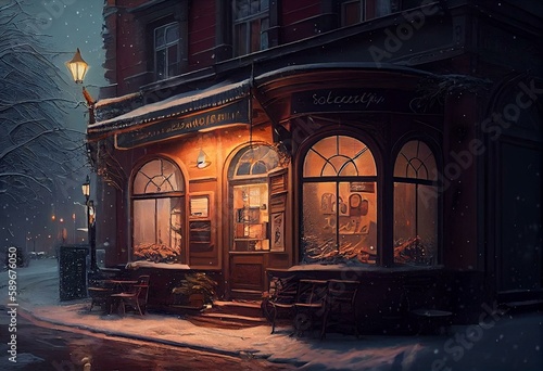 View of old cozy street . Street view with cafe terrace. Coffee shop in the winter city. Evening, Christmas spirit, snow. Ai llustration, fantasy digital painting,artificial. Generative AI