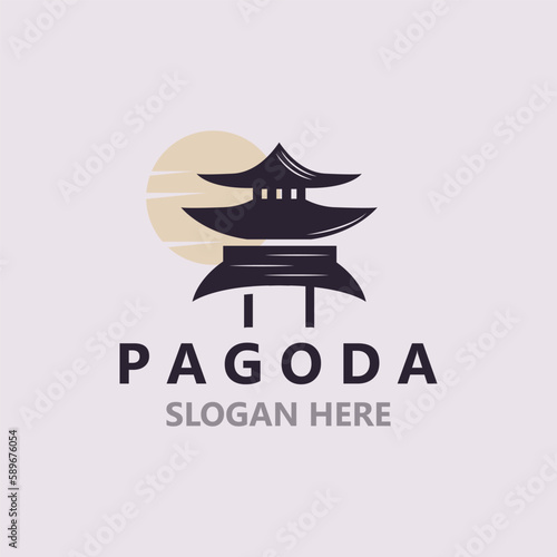 Pagoda culture logo vintage design illustration, temple heritage building vector
