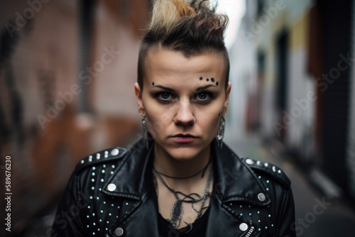 Rebel Woman with a Mohawk and Studded Leather Jacket Staring Defiantly into the Camera, generative ai