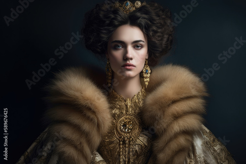 Regal portrait of a woman in the style of historic royalty with intricate golden jewelry and a luxurious fur cloak, generative ai photo