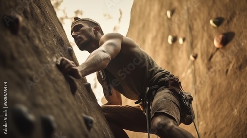 Energetic man rock climbing with focus and skill on an outdoor wall. Generative AI.