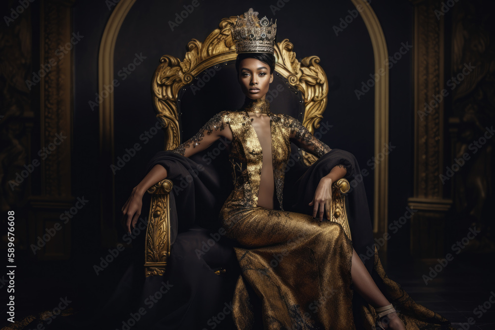 Regal queen with a crown on her head and a luxurious gown, seated on her throne with an elegant background, generative ai