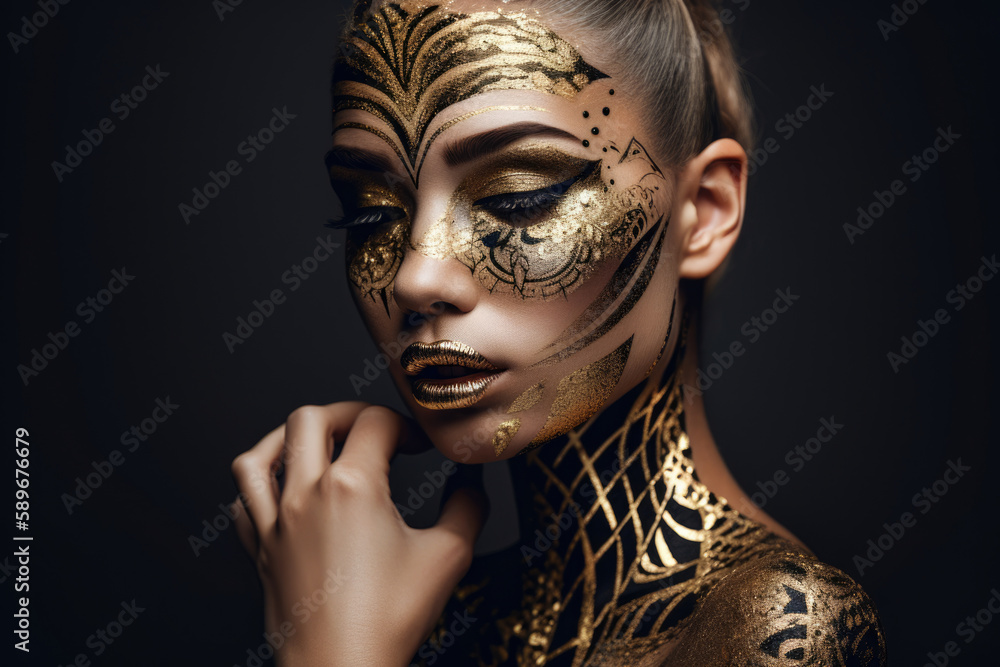 Regal Woman with Majestic Body Art and Golden Details, generative ai Regal Woman with Majestic Body Art and Golden Details, generative ai