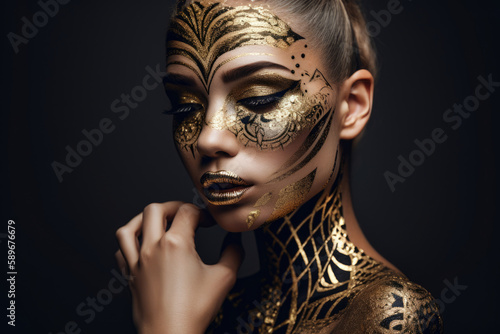Regal Woman with Majestic Body Art and Golden Details, generative ai