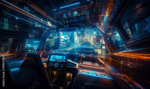 Technological cockpit of a futuristic spaceship. Spacious cabin with comfortable pilot's seat and big windscreen. Neon city at backdrop. Generative AI. © Vadim