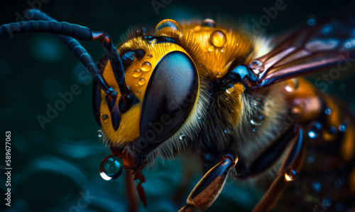 Front part of the worker bee. Macro shot of a useful insect in droplets of water. Blurred backdrop. Generative AI.