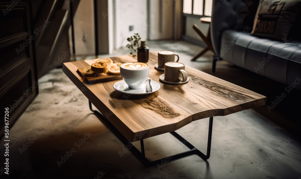 Simple eco-style coffee table with few cups of cappuccino on. Living room interior in blur at backdrop. Generative AI. Simple eco-style coffee table with few cups of cappuccino on. Living room interior in blur at backdrop. Generative AI.