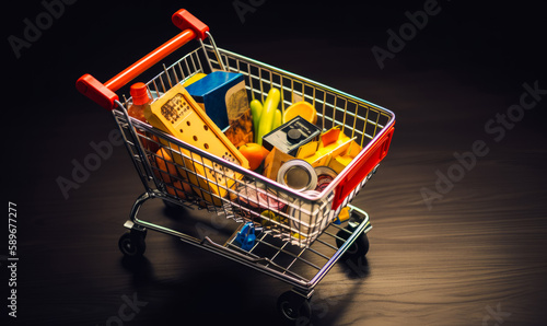 Food trolley with products in. Little metal shopping cart full of cans, fruit and boxes. Top view. Dark wood backdrop. Generative AI.