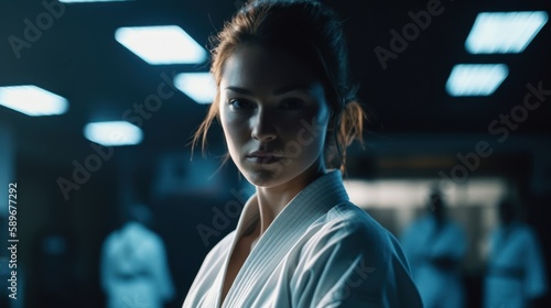 Confident young woman practicing karate in a dojo with focused expression on her face. Generative AI.