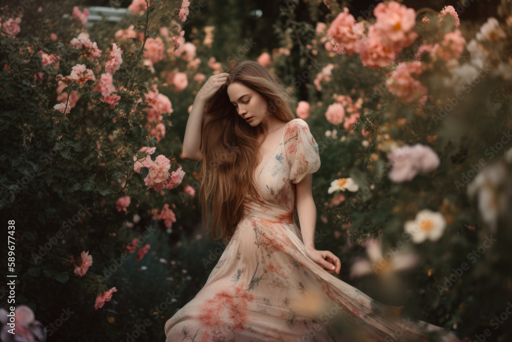 Romantic portrait of a woman in a flowing dress, surrounded by blooming flowers, generative ai