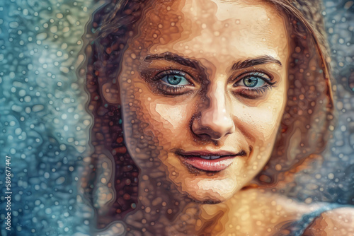 Romantic portrait of a woman in pointillism art style, with a soft focus and a wistful expression, generative ai