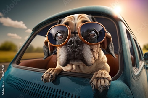 Cute dog with sunglasses looking out of a bcar filed with Travel Bags. Generative AI