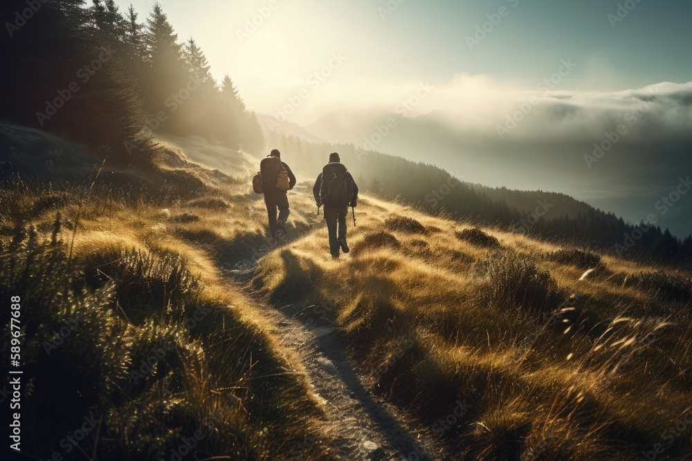 Obraz premium Adventure Seekers: Hiking and Enjoying Outdoor Sports and Activities in Scenic Landscapes. Generative AI