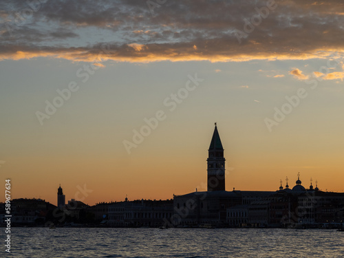 San Marco skyline silhouette at sunset, Venice