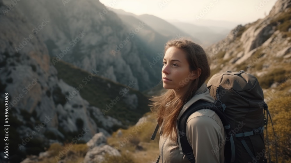 Smiling woman hiking in the mountains with a beautiful view. Generative AI. Smiling woman hiking in the mountains with a beautiful view. Generative AI.
