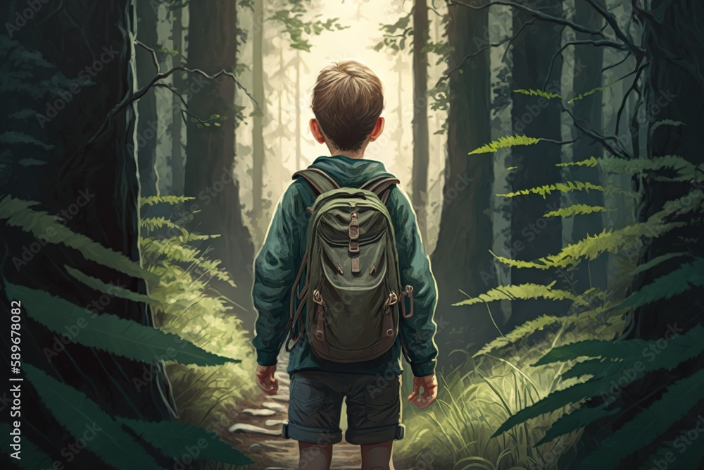 Illustrations adventure Young boy forest trail back view, digital drawing.Generative AI