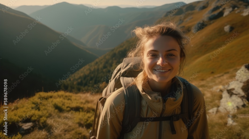 Smiling woman hiking in the mountains with a beautiful view. Generative AI.