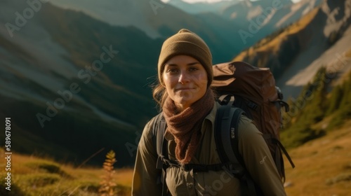 Smiling woman hiking in the mountains with a beautiful view. Generative AI. © bomoge.pl