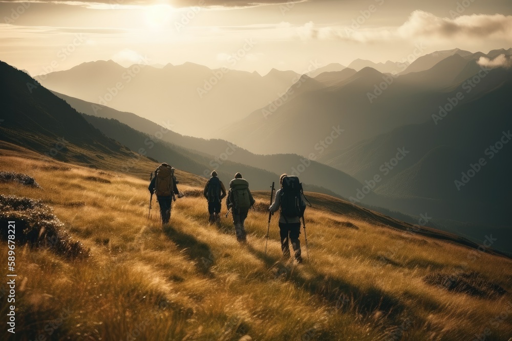 Obraz premium Adventure Seekers: Hiking and Enjoying Outdoor Sports and Activities in Scenic Landscapes. Generative AI