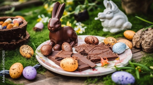 chocolate easter bunny on a plate with sweets hidden in the garden for easter generated by AI