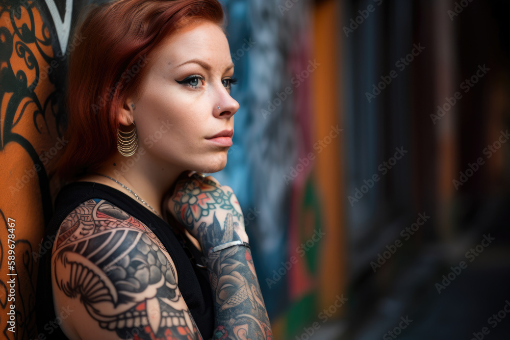 Naklejka premium Soulful and contemplative portrait of a woman with intricate tattoos and a serious expression in an urban graffiti setting, generative ai