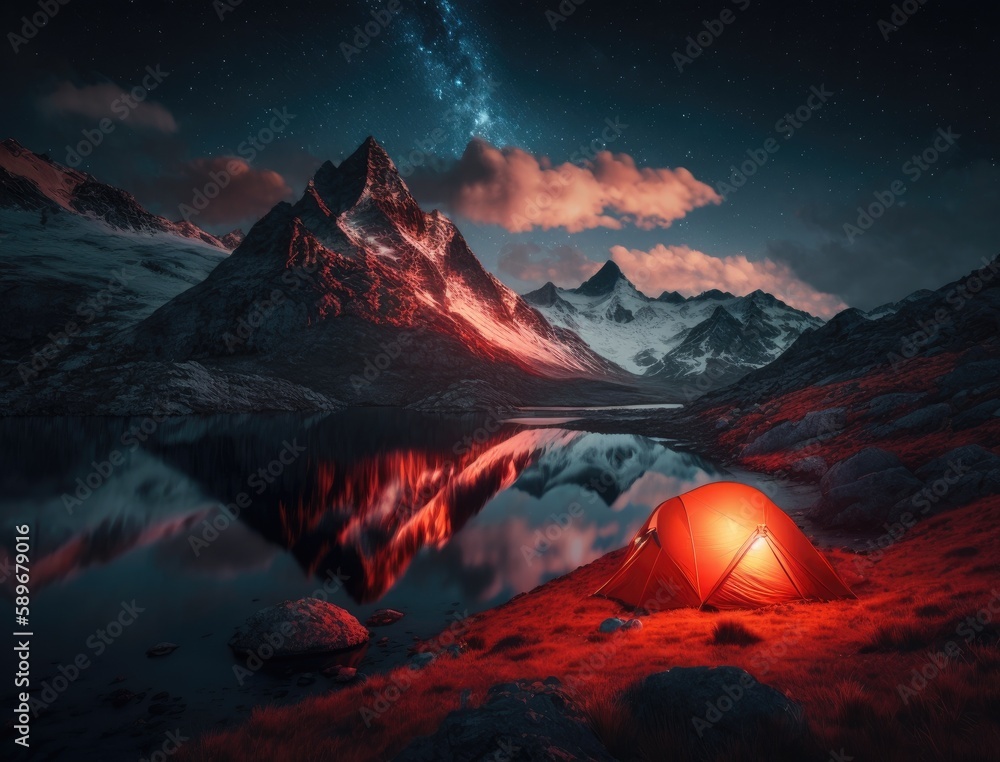 Glowing red tent with hikers sleeping in the wild mountains under ...