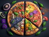 Delicious, homemade thick crust vegan pizza with tofu cheese, nooch, mushrooms, vegan sausages, capsicum, lettuce, pineapple, tomatoes and onions. Generative AI