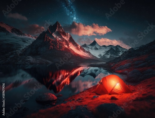 Glowing red tent with hikers sleeping in the wild mountains under dramatic night sky, lighted camping tent in the forest under starry sky with noctilucent clouds during summer vacation. Generative AI © useful pictures