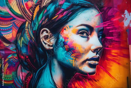 stunning street art portrait of a woman with an inspiring message and vibrant colors, generative ai