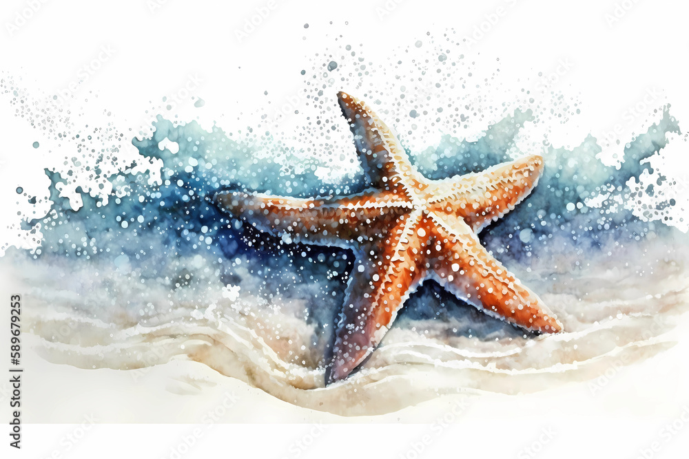 Starfish on the beach. Watercolor. AI generation