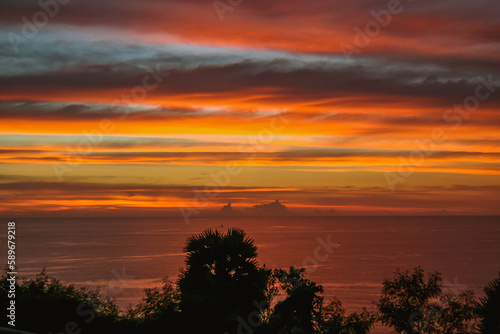 Sunset ocean horizon landscape Fiery orange sky at the South Thailand Sea